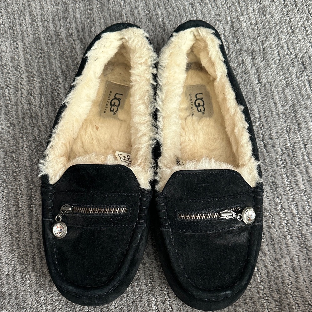 UGG Women's Black Suede Slippers with Cream Lining